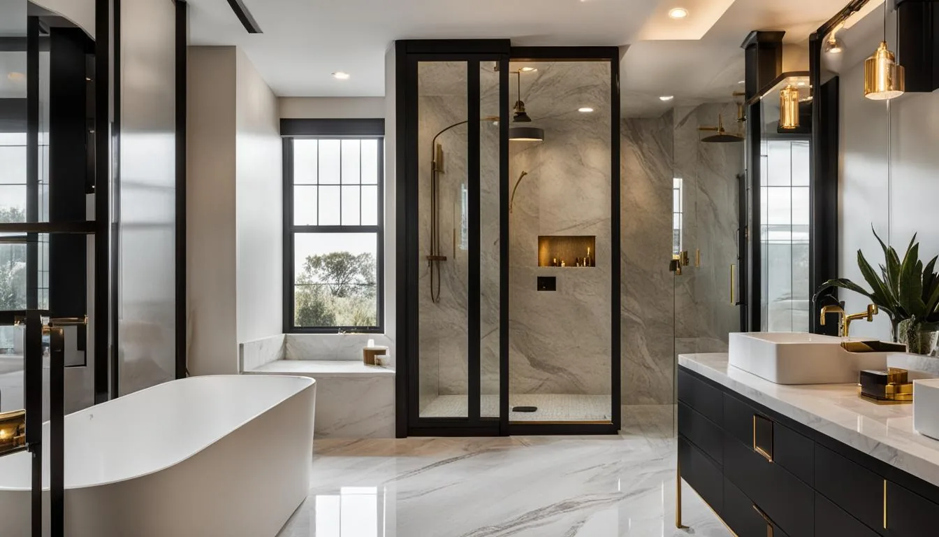Marble look bathroom with large format tiles, black framed screen and brass tapware